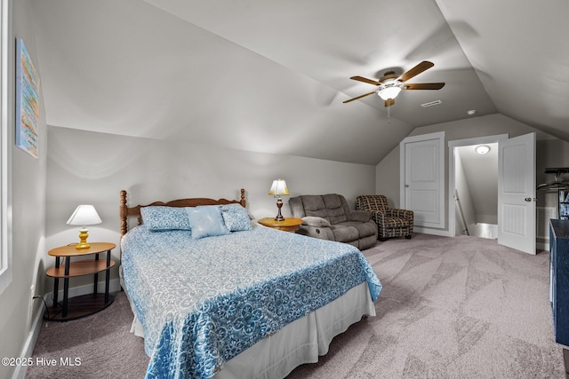 442 Crows Nest Ln, Sneads Ferry, NC 28460 - bedroom featuring carpet, lofted ceiling, baseboards, and ceiling fan