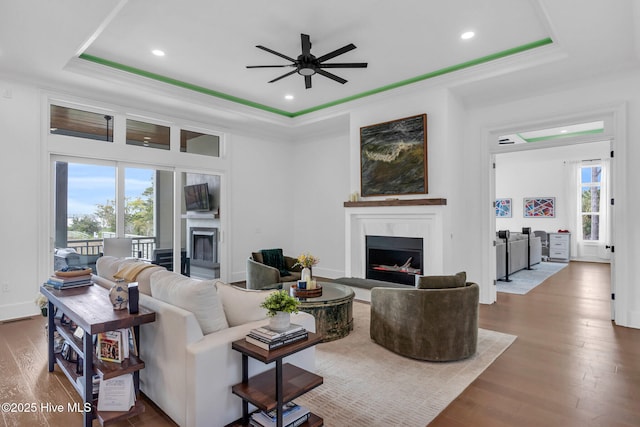 living room featuring a tray ceiling, plenty of natural light, and a high end fireplace
