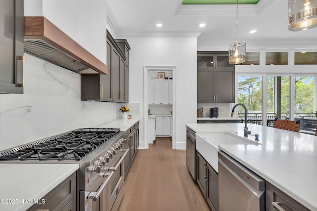 kitchen with custom exhaust hood, a sink, ornamental molding, light countertops, and appliances with stainless steel finishes