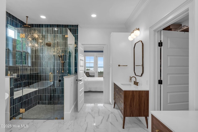bathroom featuring crown molding, connected bathroom, a shower stall, vanity, and marble finish floor