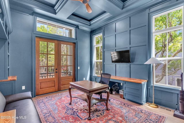 office area with ornamental molding, french doors, visible vents, coffered ceiling, and ceiling fan