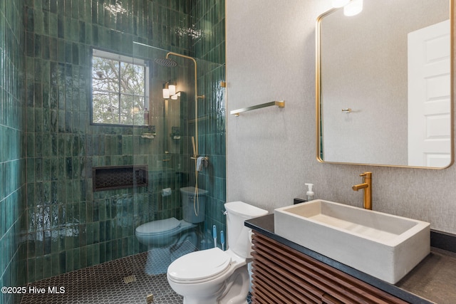 full bath featuring tile patterned floors, vanity, walk in shower, and toilet