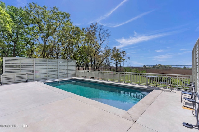 view of pool featuring a fenced in pool, a patio area, and fence