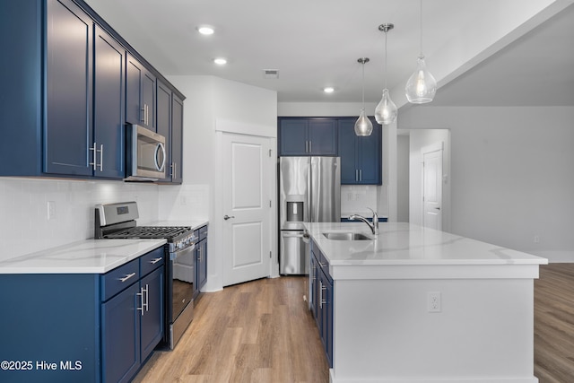 7801 Harrier Cir, Leland, NC 28451 - kitchen featuring a sink, light wood finished floors, blue cabinetry, and stainless steel appliances