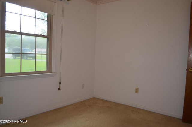 spare room with baseboards and light colored carpet