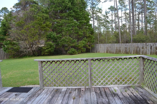wooden terrace with a yard and a fenced backyard
