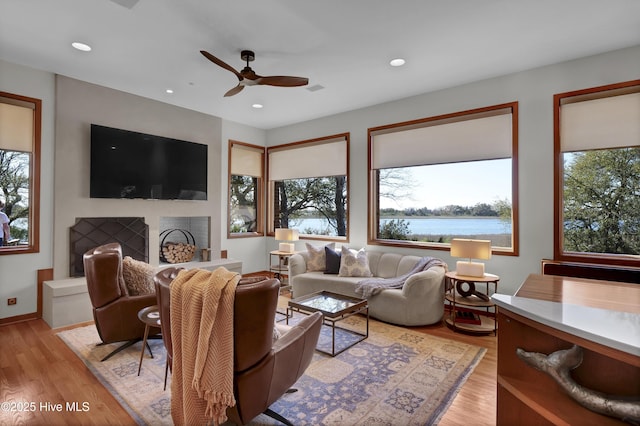 1409 Landfall Dr, Wilmington, NC 28405 - living area featuring a ceiling fan, light wood-type flooring, and recessed lighting