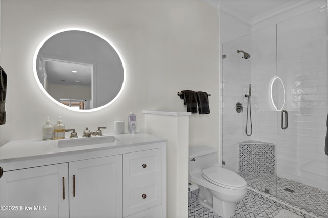 1409 Landfall Dr, Wilmington, NC 28405 - bathroom featuring a stall shower, toilet, tile patterned floors, vanity, and ornamental molding