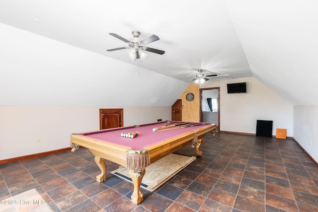 game room featuring ceiling fan, baseboards, billiards, and lofted ceiling