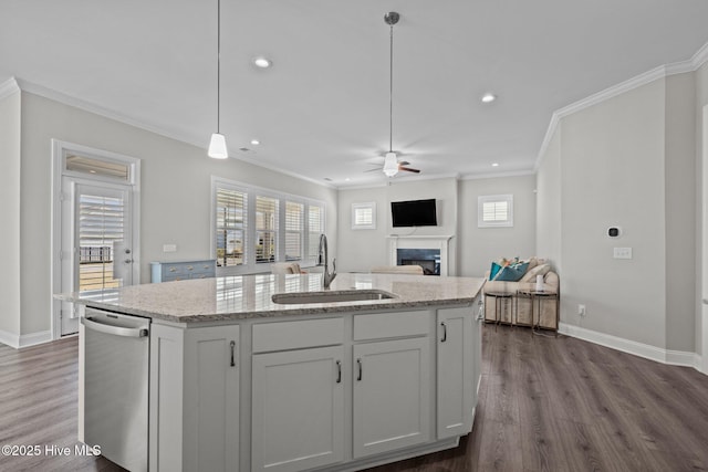 kitchen with stainless steel dishwasher, a sink, dark wood finished floors, and a fireplace