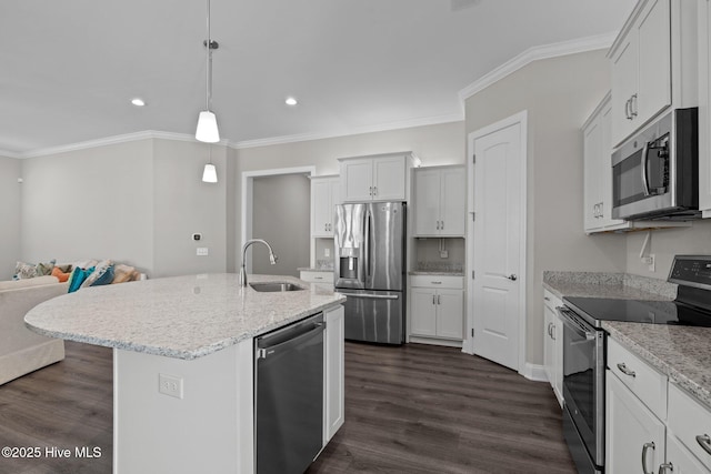 kitchen featuring a sink, appliances with stainless steel finishes, light stone countertops, dark wood-style floors, and recessed lighting