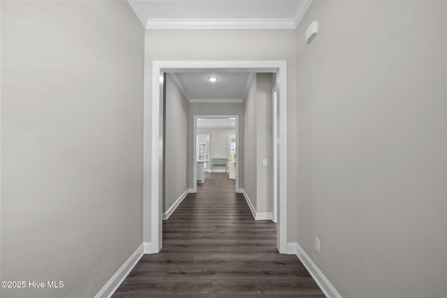 corridor featuring baseboards, dark wood-style flooring, and crown molding