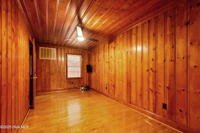 spare room featuring visible vents, wood walls, light wood-style flooring, and wood ceiling