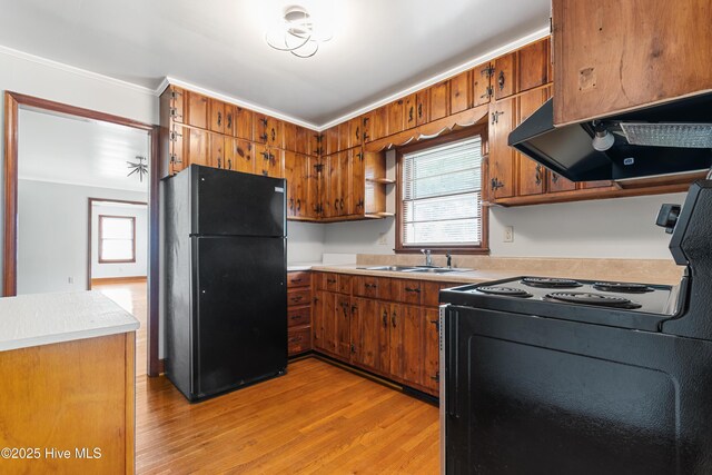 kitchen featuring brown cabinetry, black appliances, light wood-style flooring, and a sink
