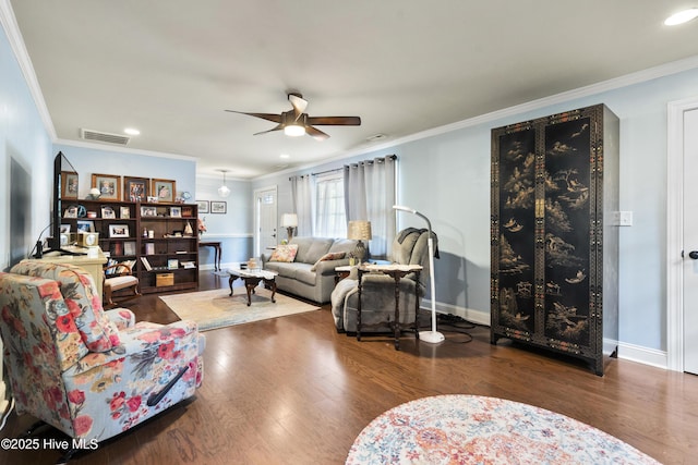 211 E 11th St, Southport, NC 28461 - living area featuring wood finished floors, ceiling fan, crown molding, baseboards, and recessed lighting