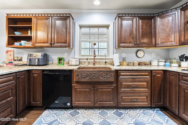 211 E 11th St, Southport, NC 28461 - kitchen featuring dishwasher, a sink, dark wood-style floors, light stone countertops, and crown molding