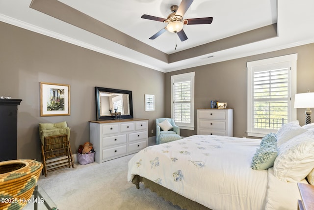 1443 Ellsworth Dr SW, Ocean Isle Beach, NC 28469 - bedroom with a raised ceiling, carpet flooring, crown molding, and ceiling fan