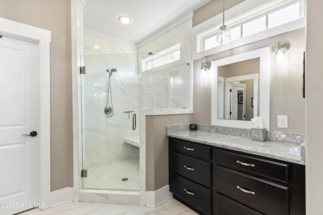 1443 Ellsworth Dr SW, Ocean Isle Beach, NC 28469 - bathroom featuring marble finish floors, a stall shower, baseboards, and vanity