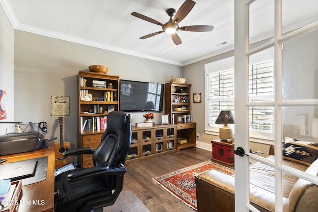 1443 Ellsworth Dr SW, Ocean Isle Beach, NC 28469 - home office with a ceiling fan, ornamental molding, wood finished floors, and baseboards