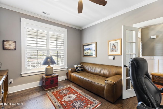 1443 Ellsworth Dr SW, Ocean Isle Beach, NC 28469 - home office with crown molding, ceiling fan, dark wood-style floors, and baseboards