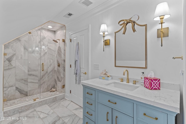 605 Dundee Dr, Wilmington, NC 28405 - bathroom featuring marble finish floors, crown molding, vanity, and a marble finish shower