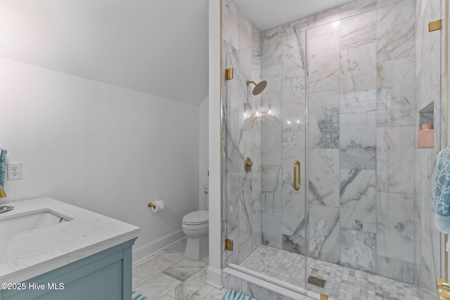 605 Dundee Dr, Wilmington, NC 28405 - bathroom featuring marble look tile flooring, toilet, a marble finish shower, vanity, and baseboards