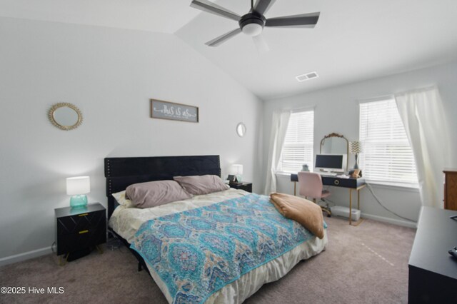 1550 Murre Ct SE, Bolivia, NC 28422 - carpeted bedroom featuring vaulted ceiling, baseboards, and ceiling fan