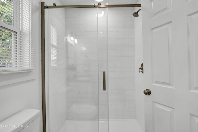 full bathroom with a stall shower and toilet