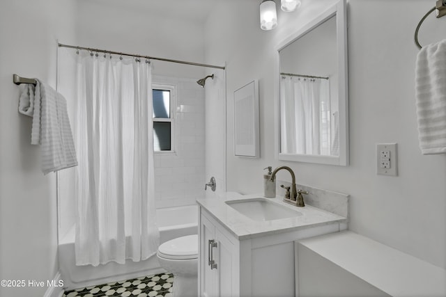 full bath featuring shower / bath combination with curtain, toilet, and vanity