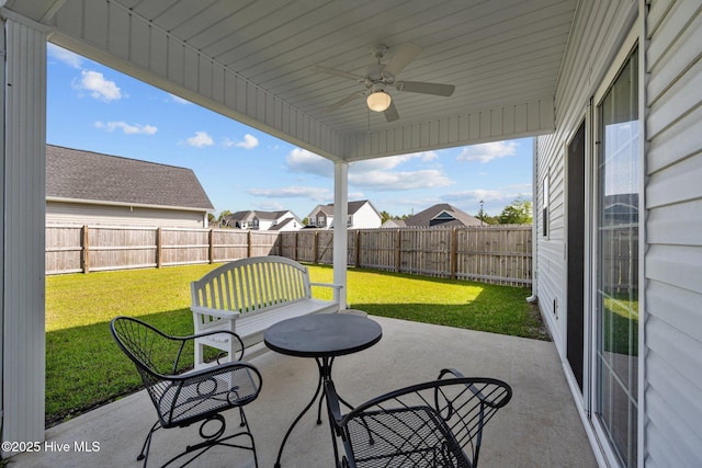 view of patio / terrace featuring a ceiling fan and a fenced backyard