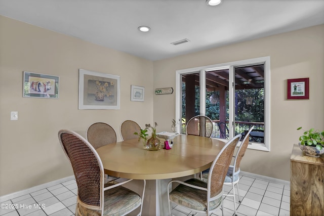 dining area with recessed lighting, light tile patterned flooring, baseboards, and visible vents