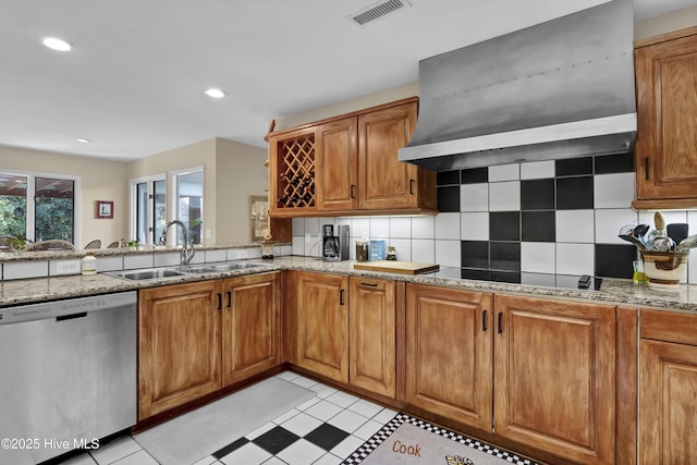 kitchen featuring visible vents, premium range hood, a sink, black electric stovetop, and stainless steel dishwasher