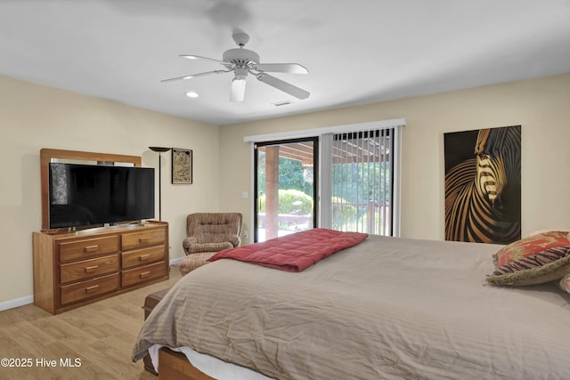 bedroom featuring baseboards, access to exterior, light wood finished floors, ceiling fan, and visible vents
