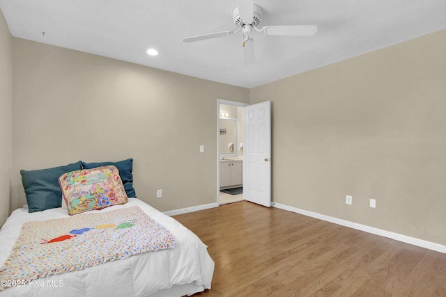 bedroom with baseboards, wood finished floors, recessed lighting, and a ceiling fan