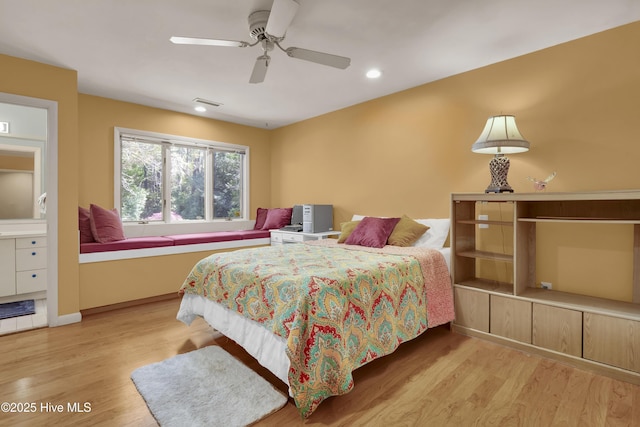 bedroom featuring visible vents, baseboards, ceiling fan, wood finished floors, and recessed lighting