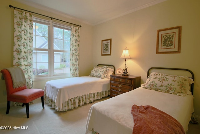 bedroom with crown molding, carpet flooring, and baseboards