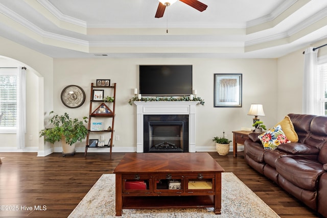 living room featuring a raised ceiling, dark wood-style flooring, ceiling fan, and a wealth of natural light