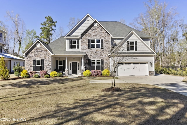 craftsman house featuring stone siding, a shingled roof, a garage, and concrete driveway