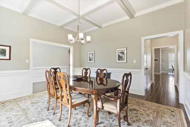 dining area with dark wood-type flooring, an inviting chandelier, coffered ceiling, and beam ceiling