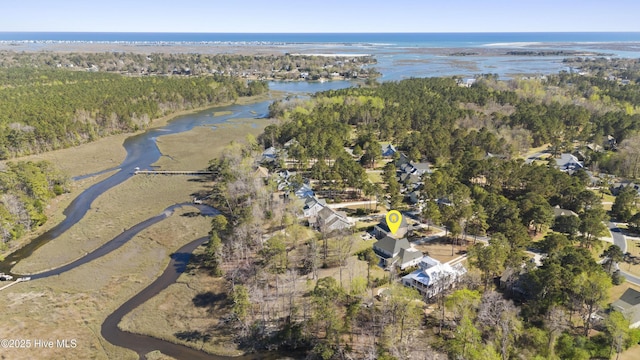 birds eye view of property featuring a water view and a wooded view