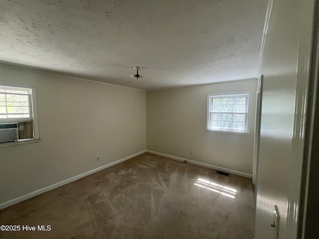 empty room featuring plenty of natural light, visible vents, a textured ceiling, and carpet floors
