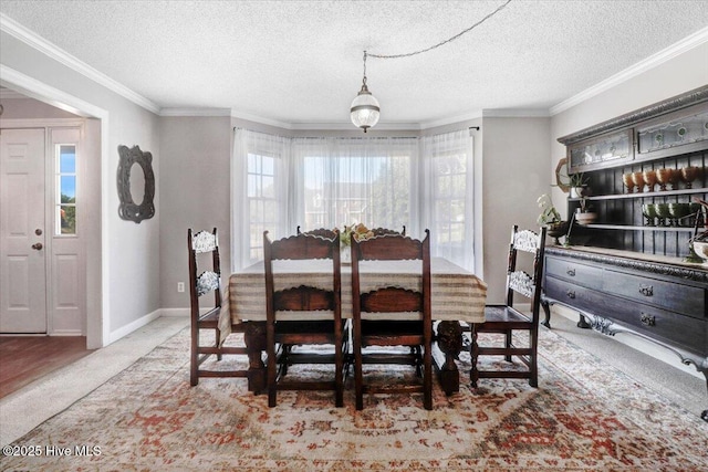103 Roundtree Ln, Goldsboro, NC 27530 - dining space featuring carpet floors, baseboards, a textured ceiling, and ornamental molding