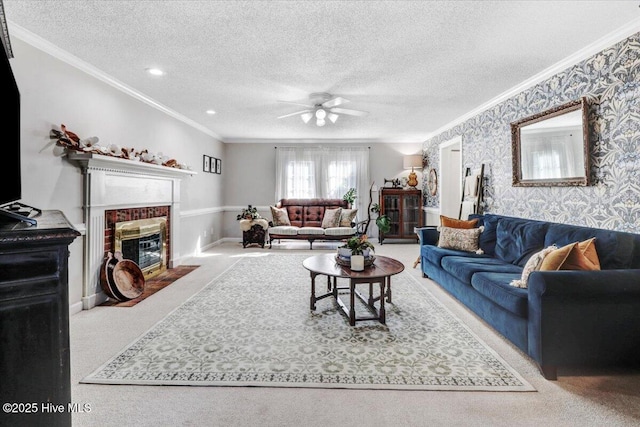 103 Roundtree Ln, Goldsboro, NC 27530 - living room featuring wallpapered walls, crown molding, ceiling fan, carpet, and a fireplace