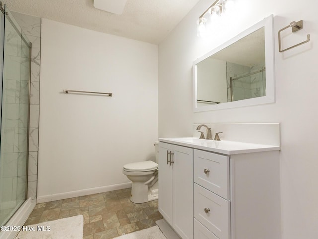 full bath featuring toilet, baseboards, and a shower stall