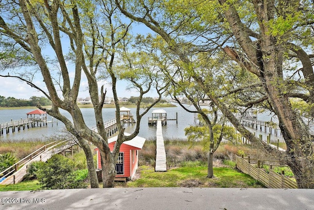 property view of water with a dock