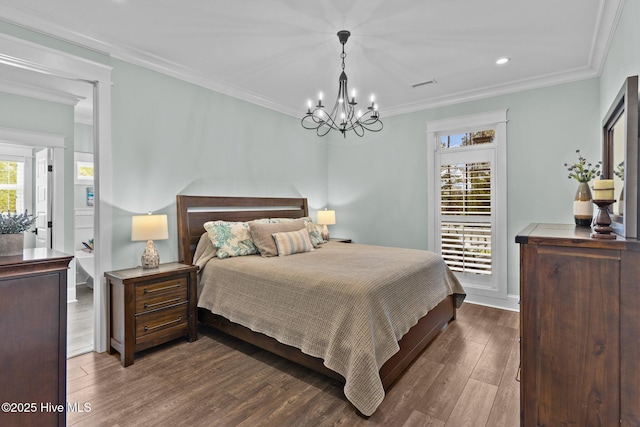 114 Sundance Cir, Hampstead, NC 28443 - bedroom featuring a chandelier, dark wood finished floors, recessed lighting, ornamental molding, and baseboards
