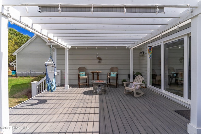 114 Sundance Cir, Hampstead, NC 28443 - wooden terrace featuring an outdoor fire pit and a pergola