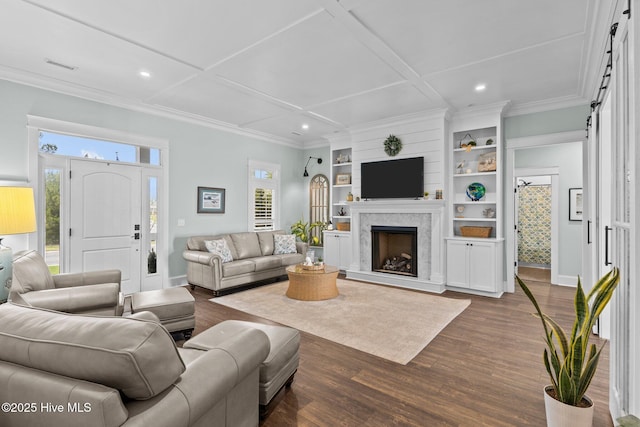 114 Sundance Cir, Hampstead, NC 28443 - living room with dark wood-style flooring, recessed lighting, a high end fireplace, crown molding, and coffered ceiling
