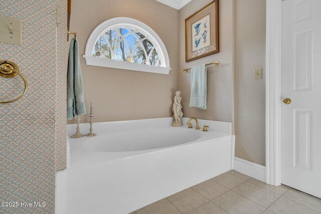 bathroom with tile patterned floors, wallpapered walls, and vanity
