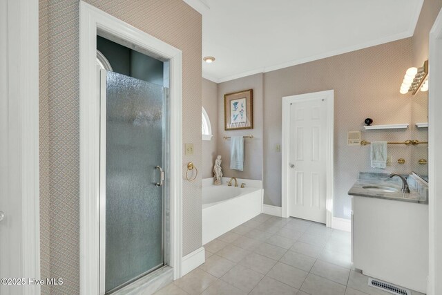 bathroom featuring ornamental molding, wallpapered walls, tile patterned flooring, and vanity